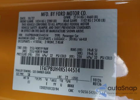 2022 Ford Mustang Ecoboost Premium из США, поврежденный, VIN 1FATP8UH4N5144514